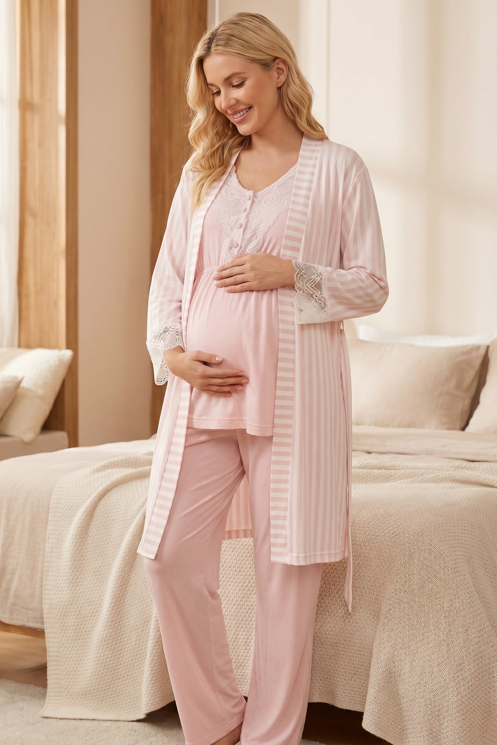 Lacy 3-Piece Maternity-Nursing Pajama & Lace Sleeve Striped Robe Set Pink - 2053