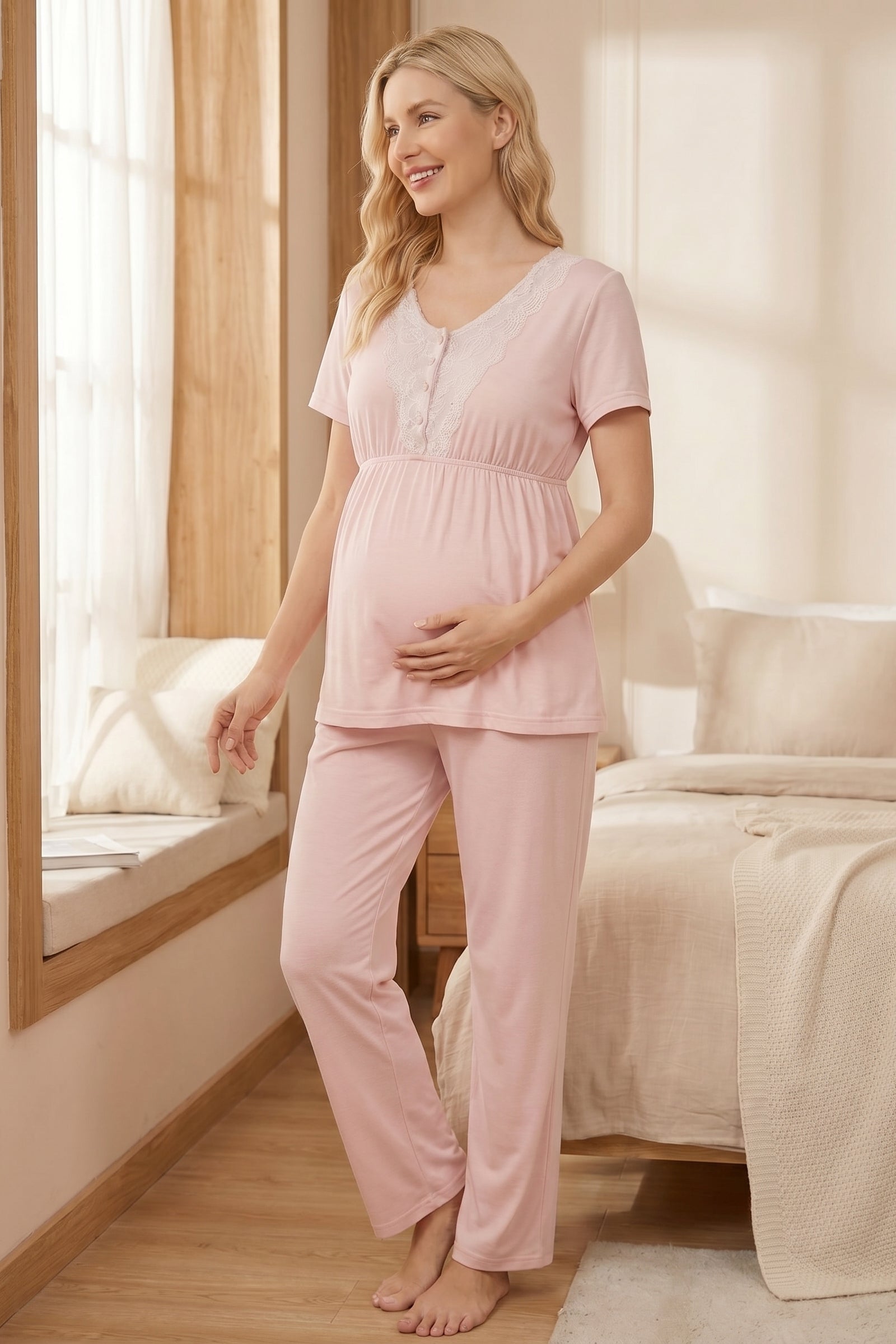 Lacy 3-Piece Maternity-Nursing Pajama & Lace Sleeve Striped Robe Set Pink - 2053