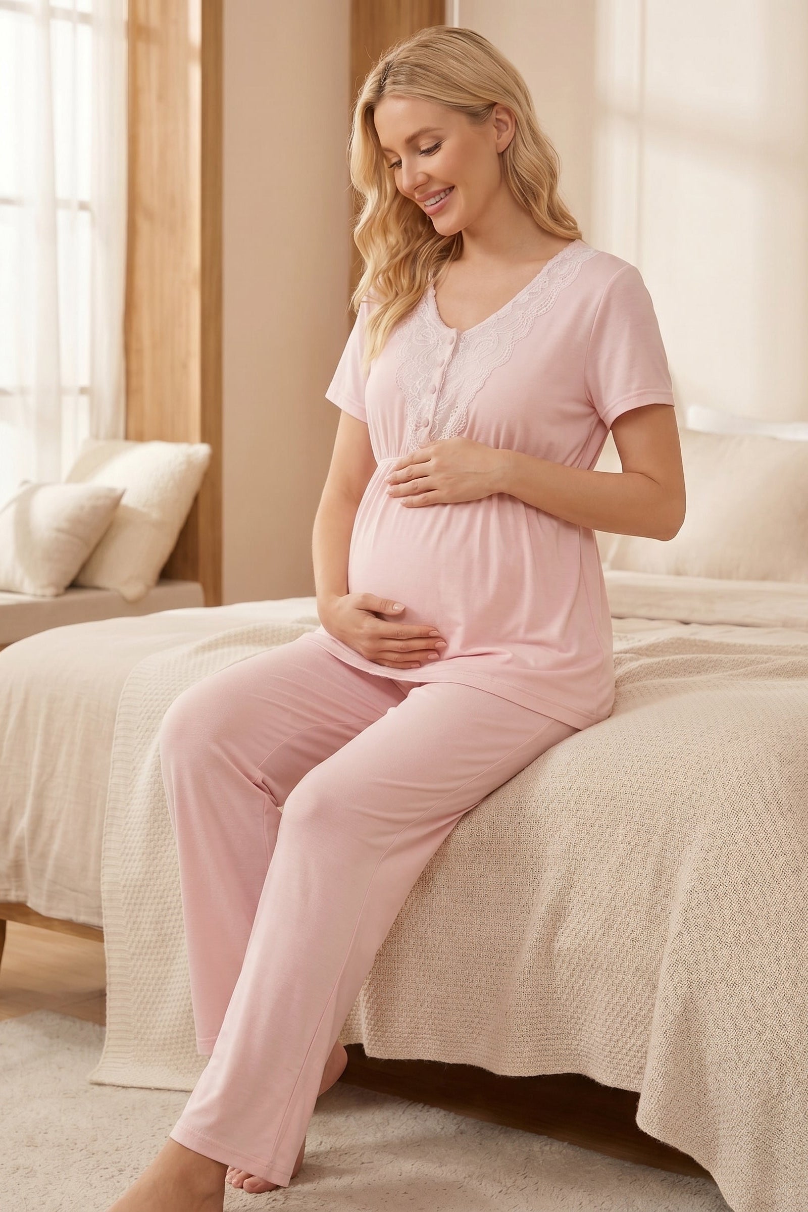 Lacy 3-Piece Maternity-Nursing Pajama & Lace Sleeve Striped Robe Set Pink - 2053
