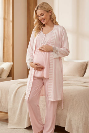 Lacy 3-Piece Maternity-Nursing Pajama & Lace Sleeve Striped Robe Set Pink - 2053