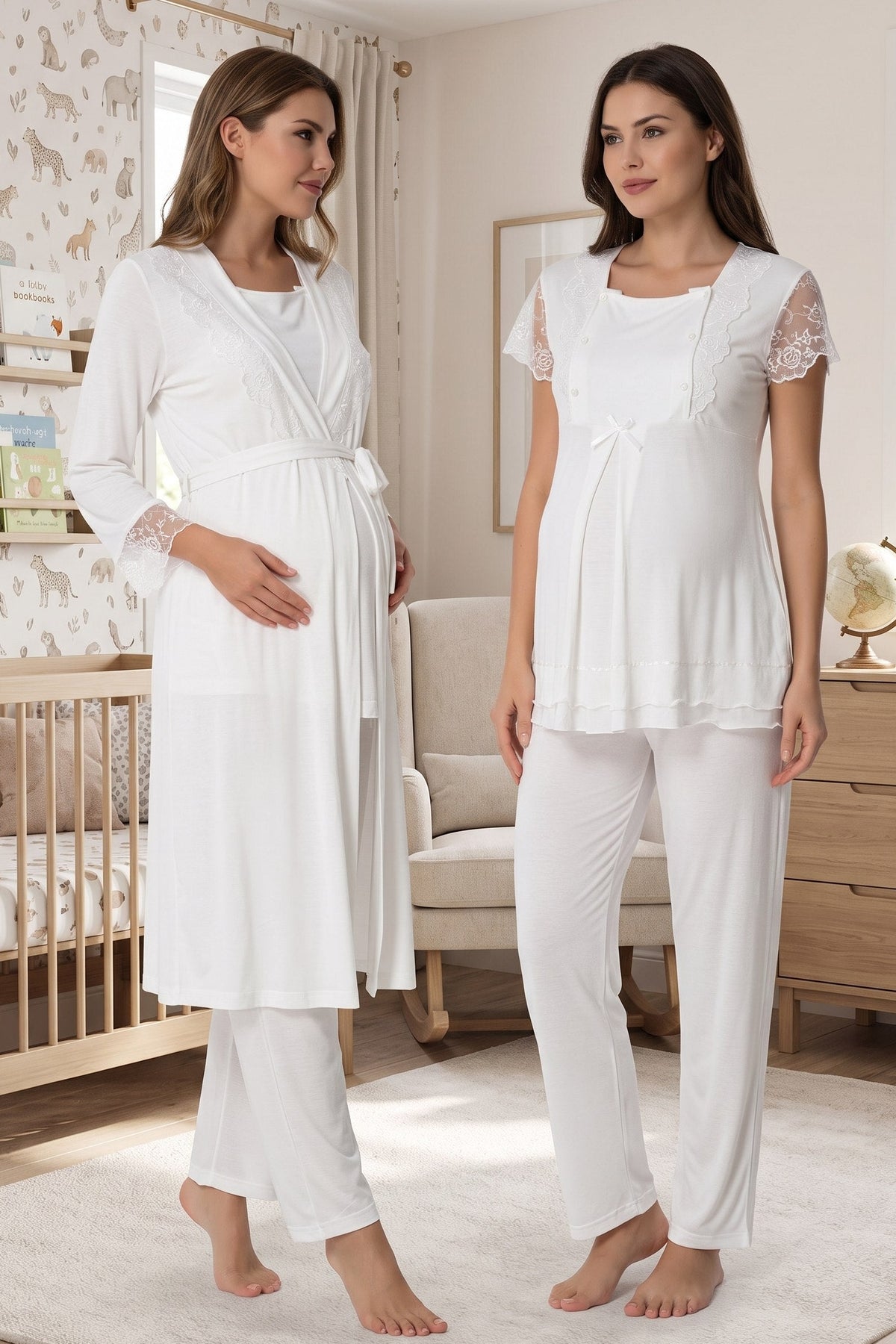Lace Sleeve 3-Piece Maternity-Nursing Pajama & Robe Set Ecru - 2054