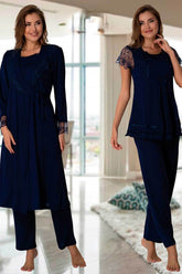 Lace Sleeve 3-Piece Maternity-Nursing Pajama & Robe Set Navy Blue - 2054