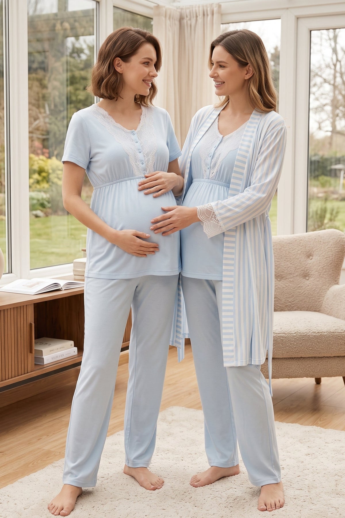 Lacy 3-Piece Maternity Feeding-Friendly Pajama & Lace Sleeve Striped Robe Set Blue - L2054
