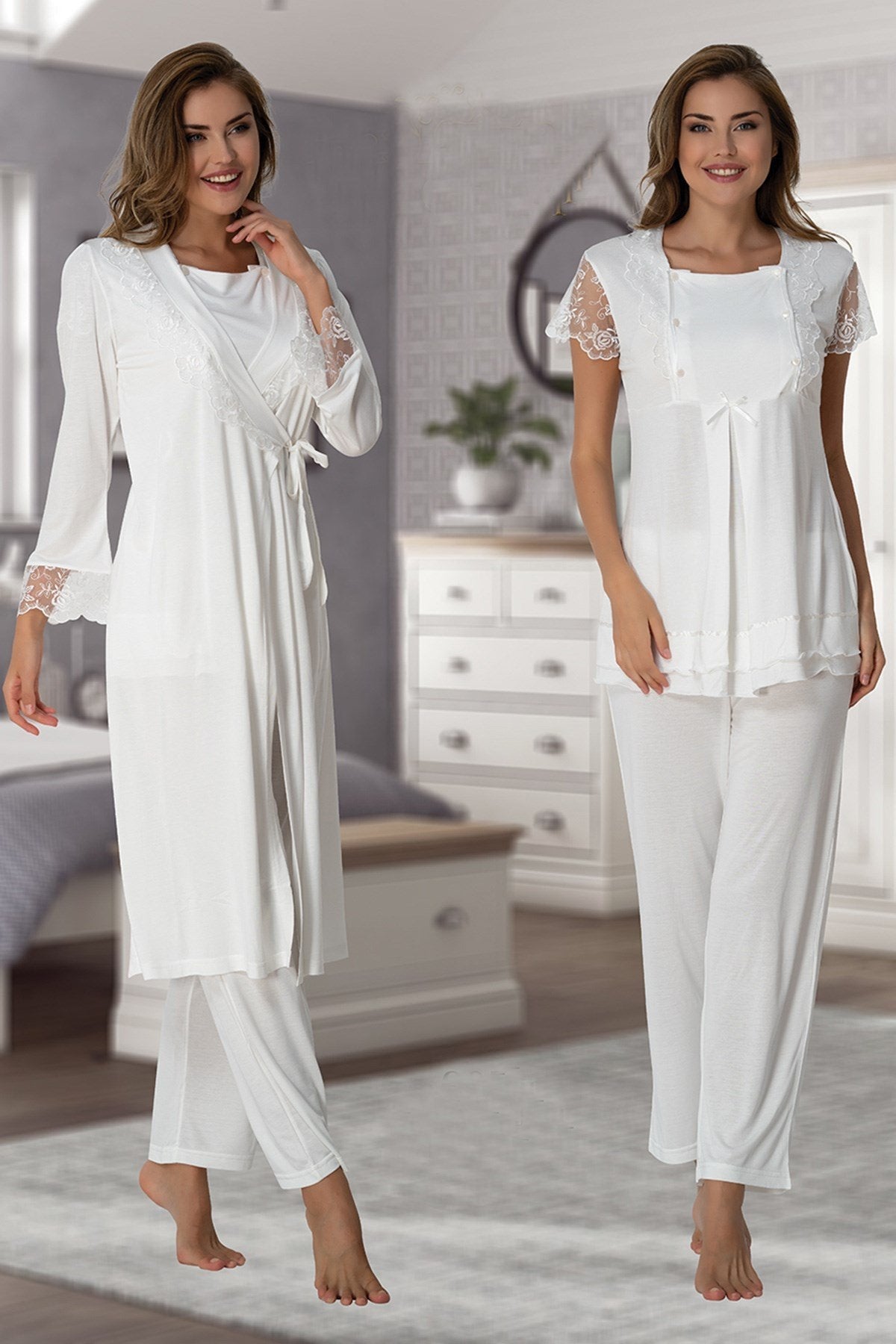 Lace Sleeve 3-Piece Maternity-Nursing Pajama & Robe Set Ecru - 2054