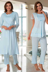 Lace Sleeve 3-Piece Maternity-Nursing Pajama & Robe Set Blue - 2054