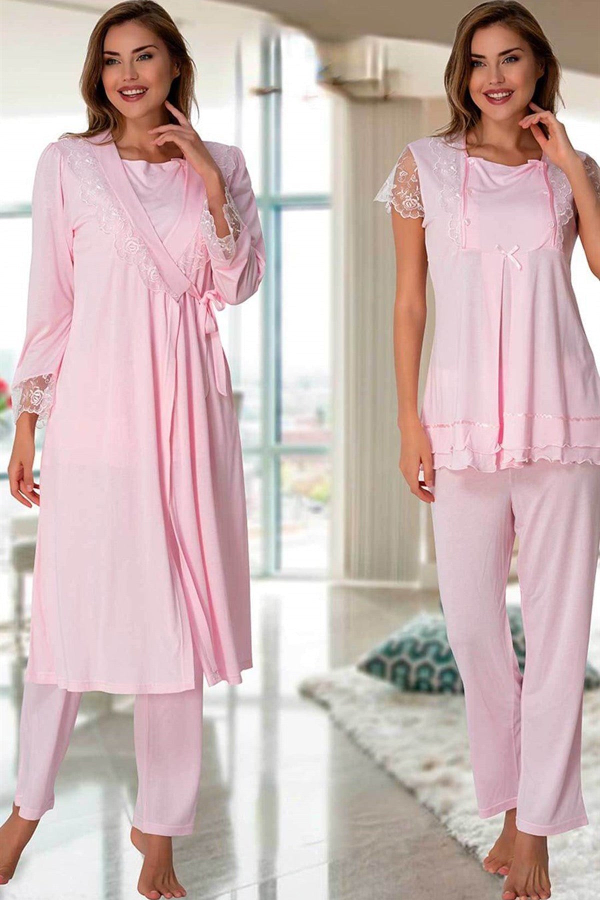 Lace Sleeve 3-Piece Maternity-Nursing Pajama & Robe Set Pink - 2054