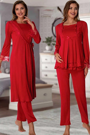 Lace Sleeve 4 Piece Maternity-Nursing Set Cherry - 2050