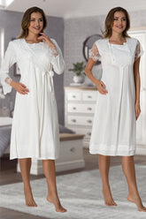 Lace Sleeve Maternity-Nursing Nightgown & Robe Set Ecru - 2055