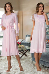 Lace Sleeve Maternity-Nursing Nightgown & Robe Set Pink - 2055