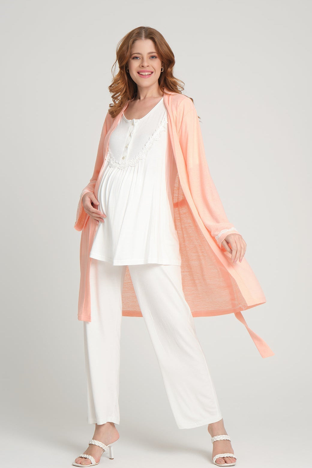 Lace 3-Pieces Maternity & Nursing Pajamas With Robe Salmon - 207