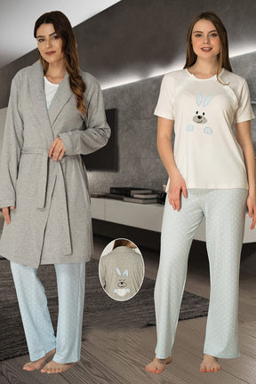 Basic 3-Piece Maternity-Nursing Pajama & Robe Set Blue - 2070