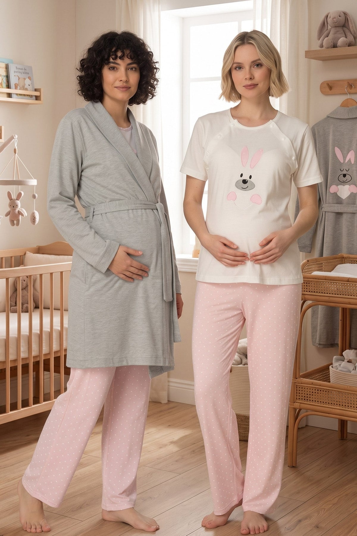 Basic 3-Piece Maternity-Nursing Pajama & Robe Set Pink - 2070