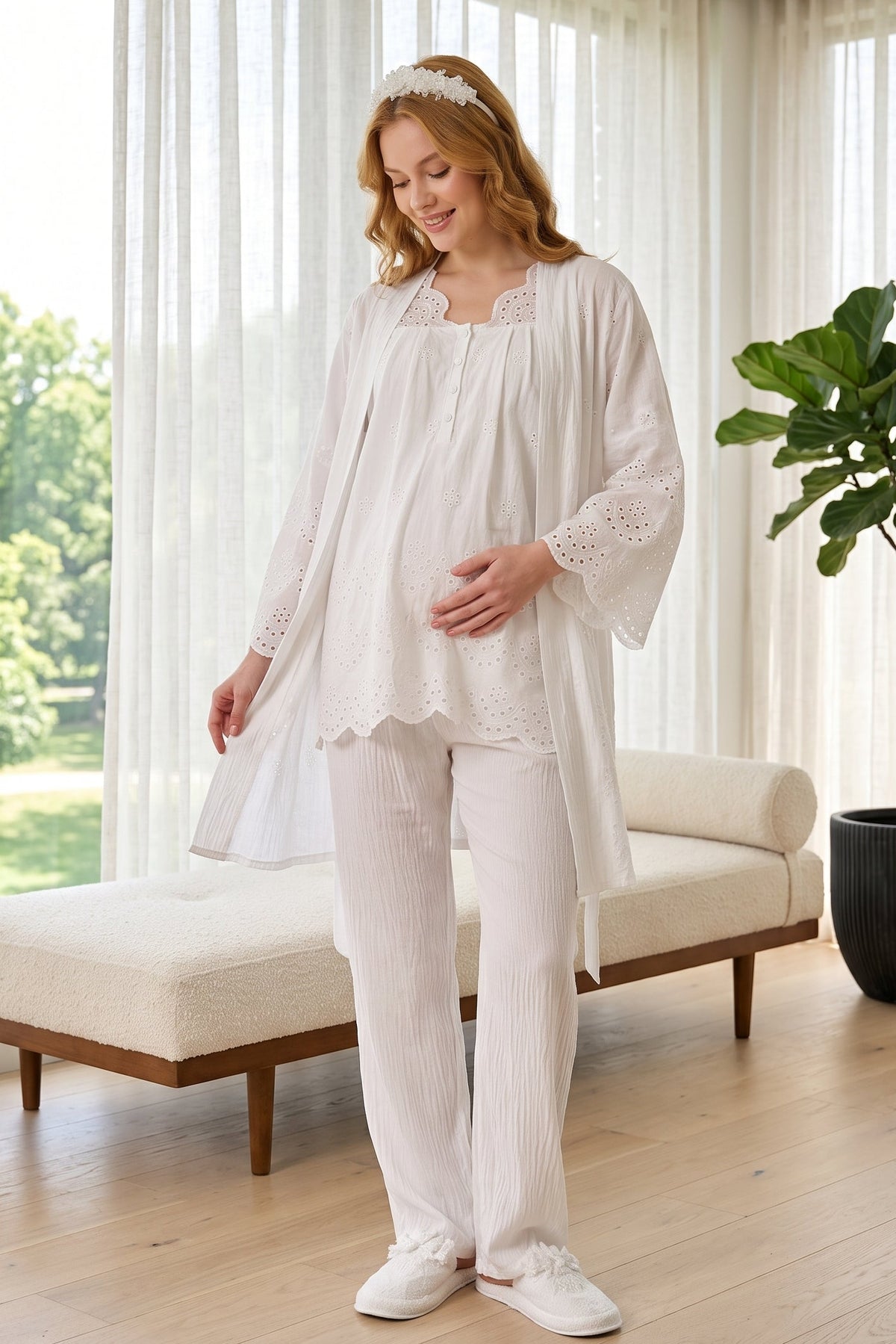 Elegant Embroidered 3-Piece Maternity Feeding-Friendly Pajama & Robe Set Ecru - L2080