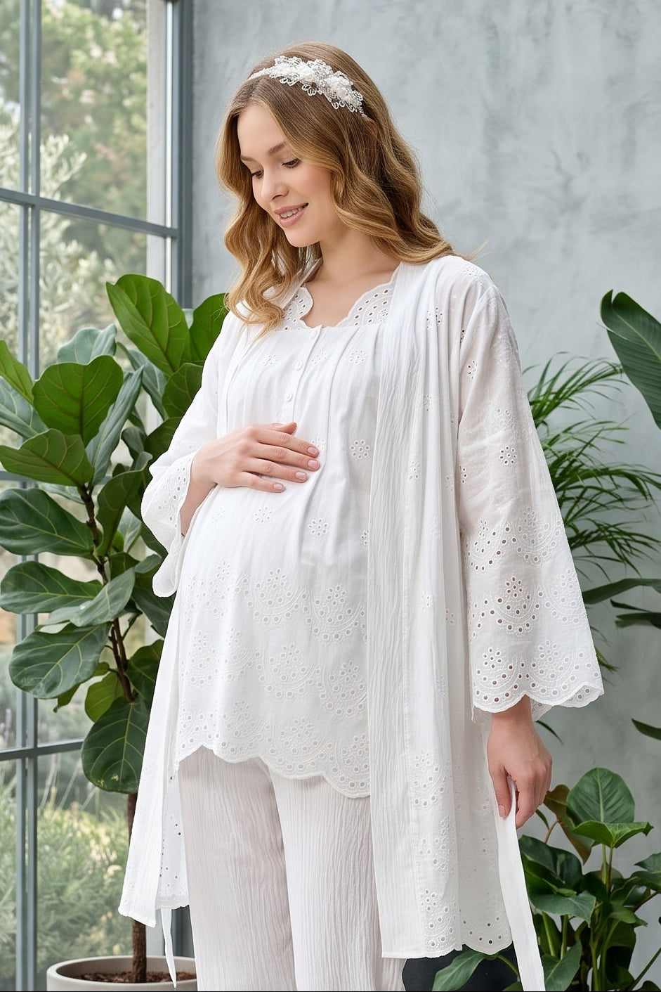 Elegant Embroidered 3-Piece Maternity Feeding-Friendly Pajama & Robe Set Ecru - L2080