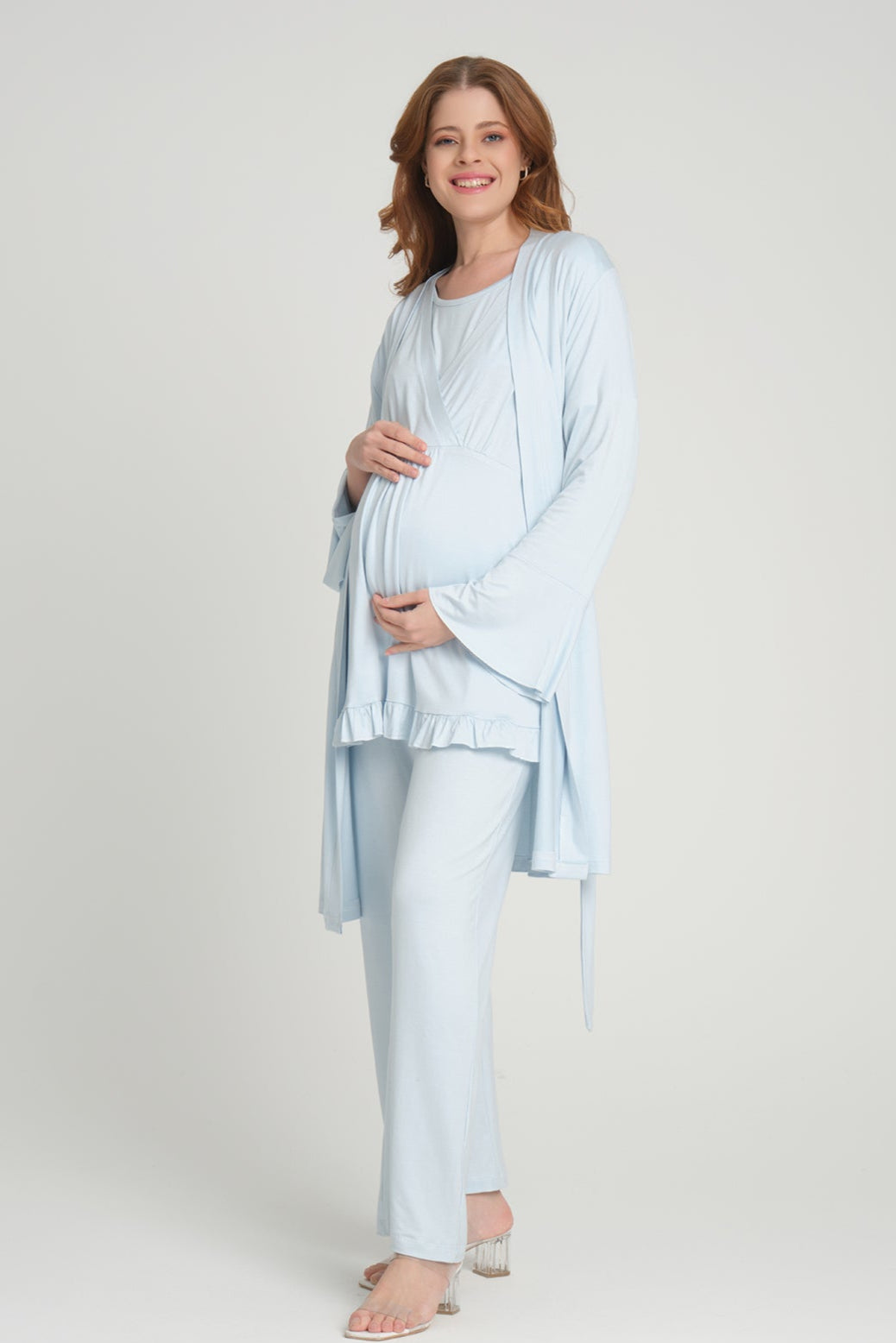 Double Breasted 3-Piece Maternity-Nursing Pajama & Flywheel Arm Robe Set Blue - 205