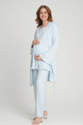 Double Breasted 3-Piece Maternity-Nursing Pajama & Flywheel Arm Robe Set Blue - 205