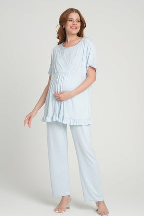 Double Breasted 3-Piece Maternity-Nursing Pajama & Flywheel Arm Robe Set Blue - 205