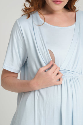 Double Breasted 3-Piece Maternity-Nursing Pajama & Flywheel Arm Robe Set Blue - 205