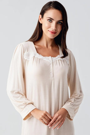 Lace Collar Maternity & Nursing Nightgown Beige - 21100