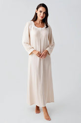 Lace Collar Maternity & Nursing Nightgown Beige - 21100