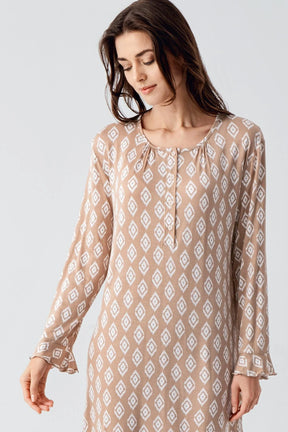 Patterned Maternity & Nursing Nightgown Beige - 21101