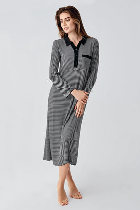 Striped Ruffled Maternity & Nursing Nightgown Black - 21102