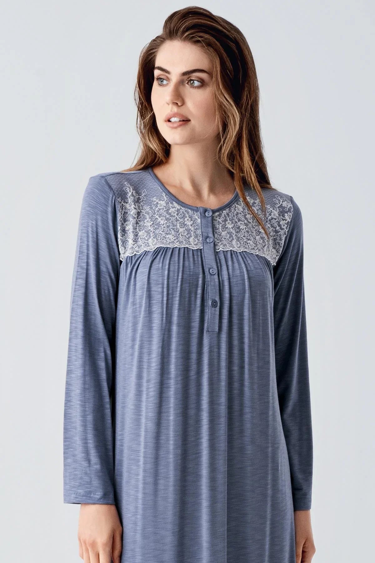 Lace Collar Jacquard Plus Size Maternity & Nursing Nightgown Indigo - 21108