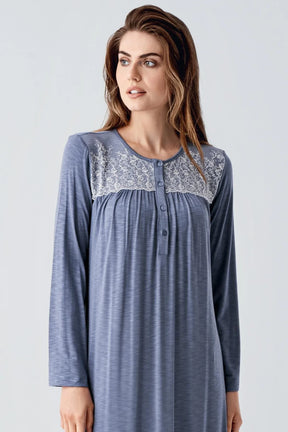 Lace Collar Jacquard Plus Size Maternity & Nursing Nightgown Indigo - 21108