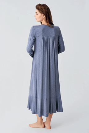 Lace Collar Jacquard Plus Size Maternity & Nursing Nightgown Indigo - 21108