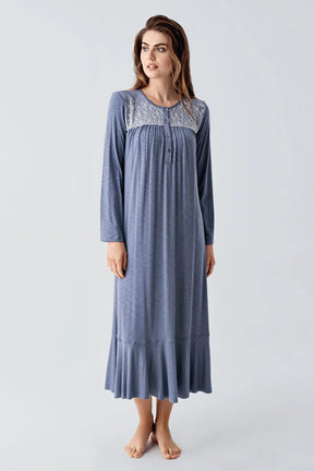 Lace Collar Jacquard Plus Size Maternity & Nursing Nightgown Indigo - 21108