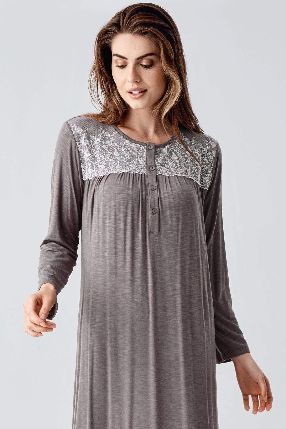 Lace Collar Jacquard Plus Size Maternity & Nursing Nightgown Coffee - 21108