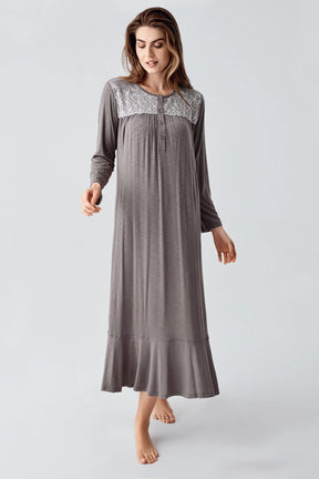 Lace Collar Jacquard Plus Size Maternity & Nursing Nightgown Coffee - 21108