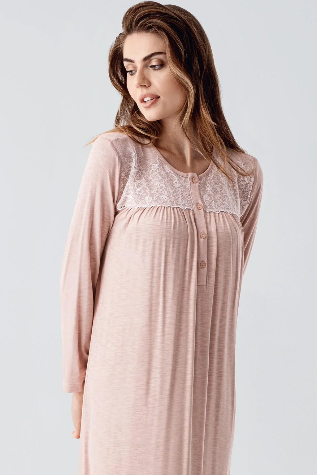 Lace Collar Jacquard Plus Size Maternity & Nursing Nightgown Powder - 21108