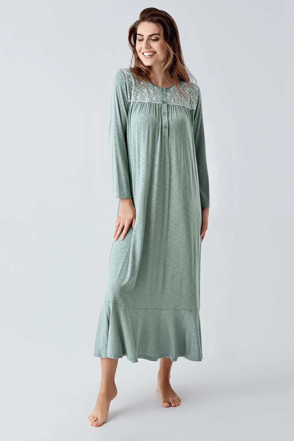 Lace Collar Jacquard Plus Size Maternity & Nursing Nightgown Green - 21108