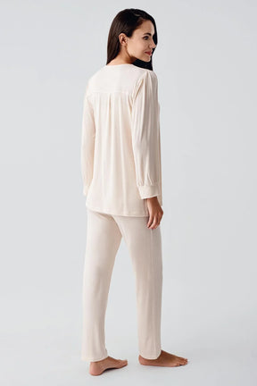 Lace Collar Maternity & Nursing Pajamas Beige - 22100