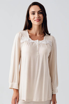 Lace Collar Maternity & Nursing Pajamas Beige - 22100