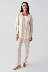 Lace Collar Maternity & Nursing Pajamas Beige - 22100