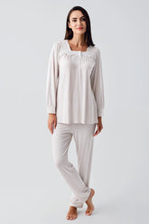 Lace Collar Maternity & Nursing Pajamas Powder - 22100