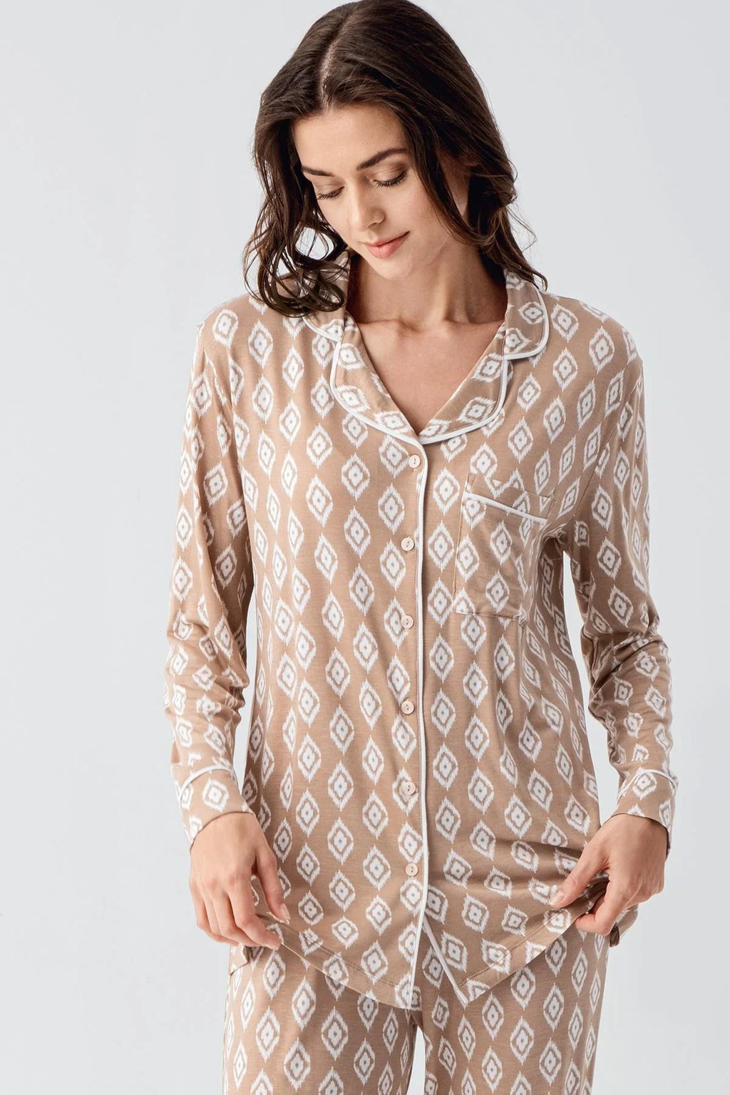 Patterned Maternity Feeding-Friendly Pajama Set Beige - S22101