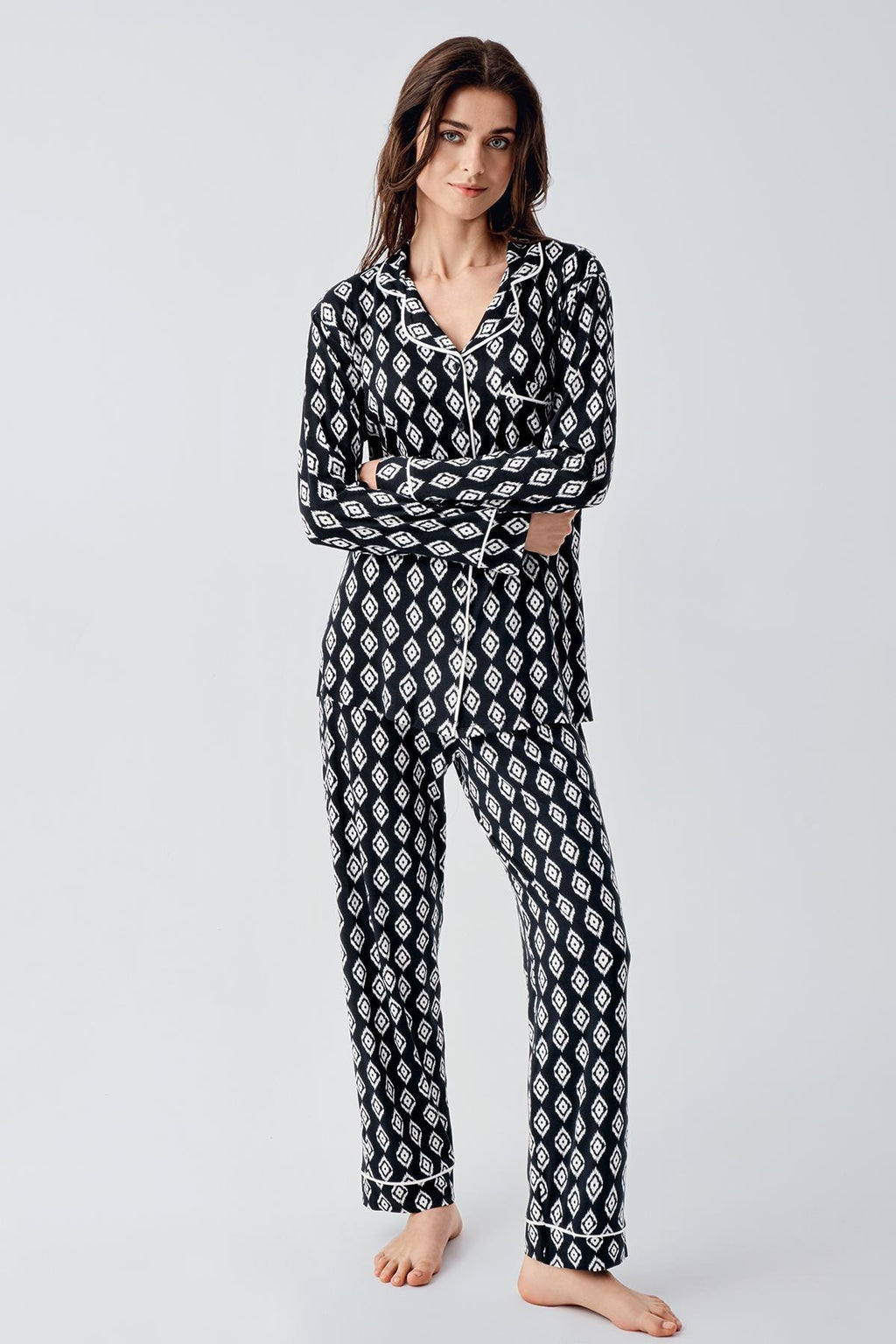 Patterned Maternity Feeding-Friendly Pajama Set Black - S22101