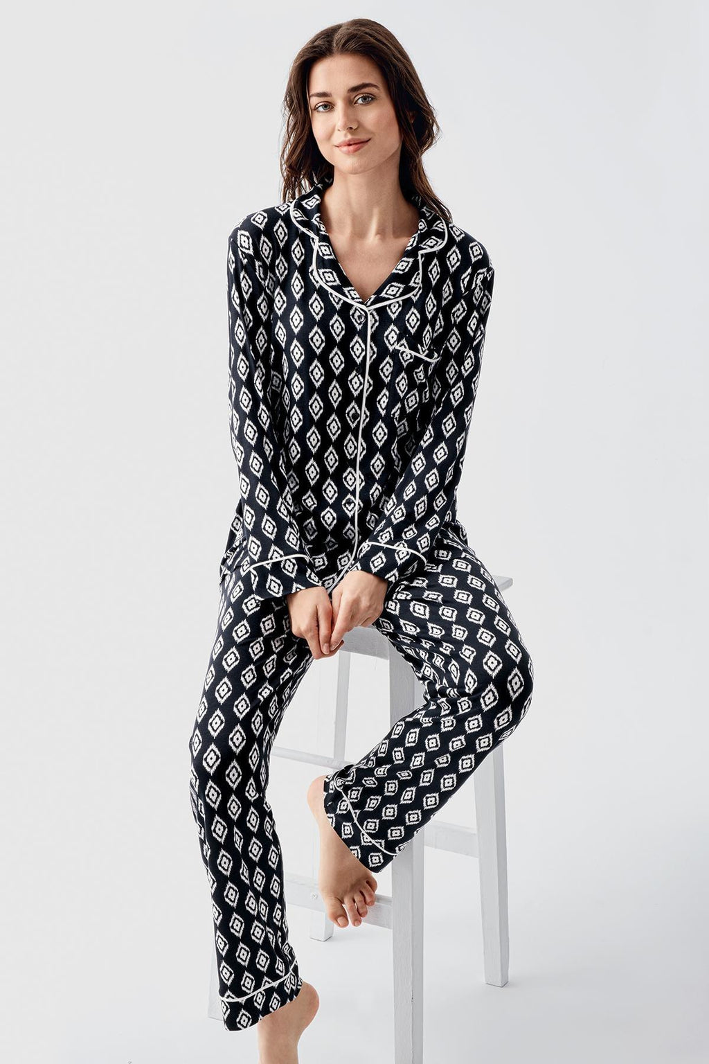 Patterned Maternity Feeding-Friendly Pajama Set Black - S22101