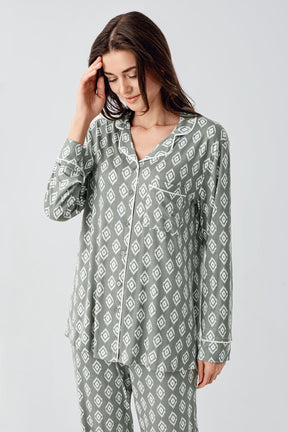 Patterned Maternity & Nursing Pajamas Green - 22101