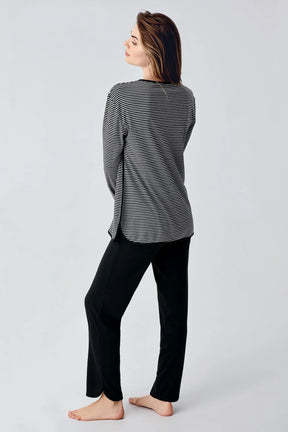 Striped Ruffled Maternity & Nursing Pajamas Black - 22103