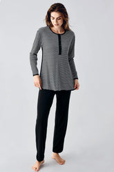 Striped Ruffled Maternity & Nursing Pajamas Black - 22103