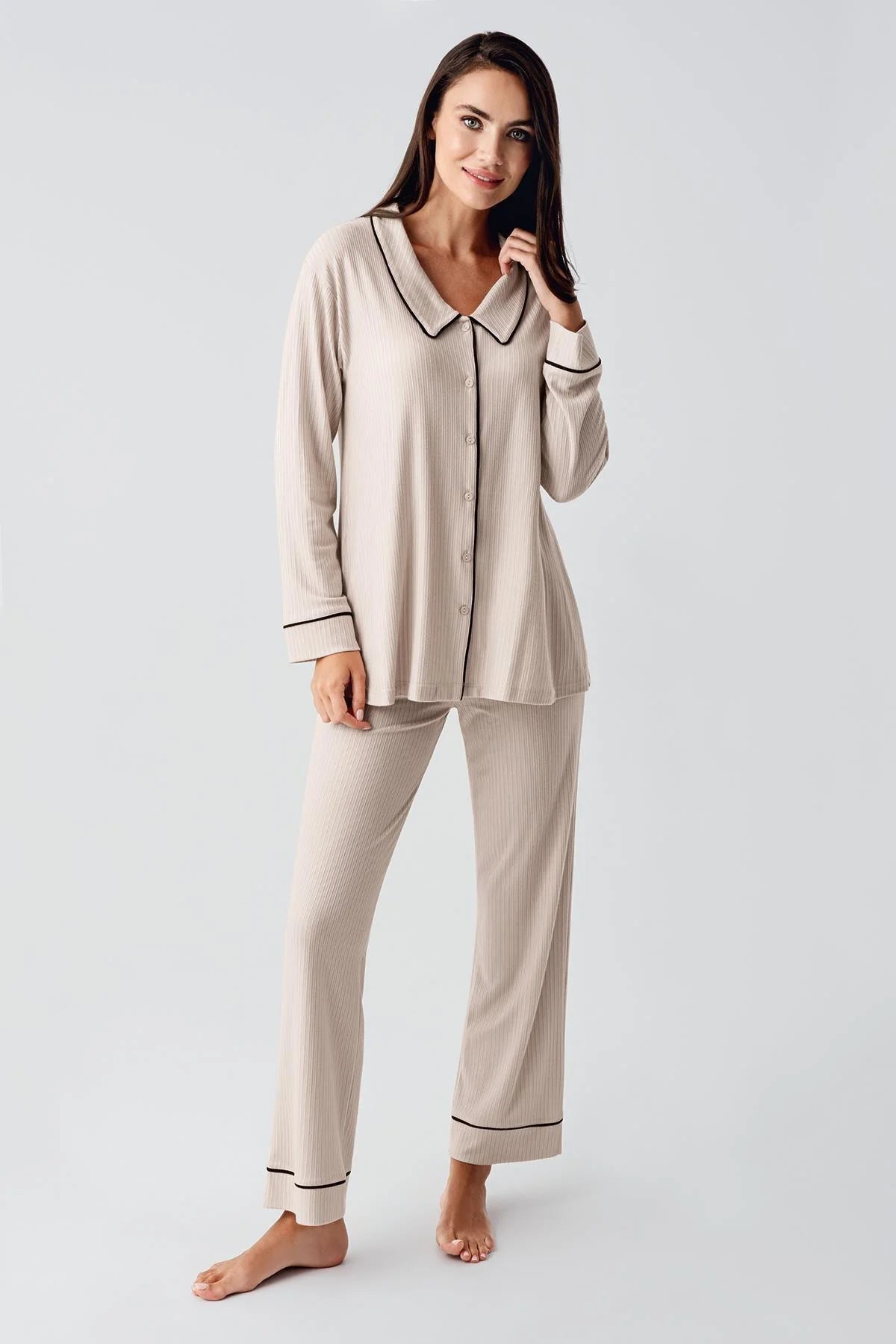 Baby Collar 3-Piece Maternity-Nursing Pajama & Robe Set Beige - 23111