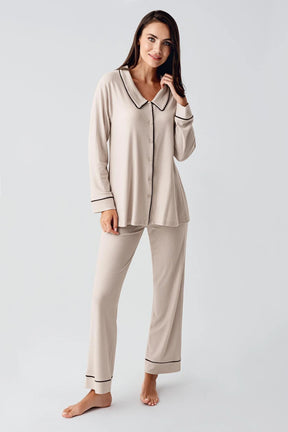 Baby Collar 3-Piece Maternity-Nursing Pajama & Robe Set Beige - 23111