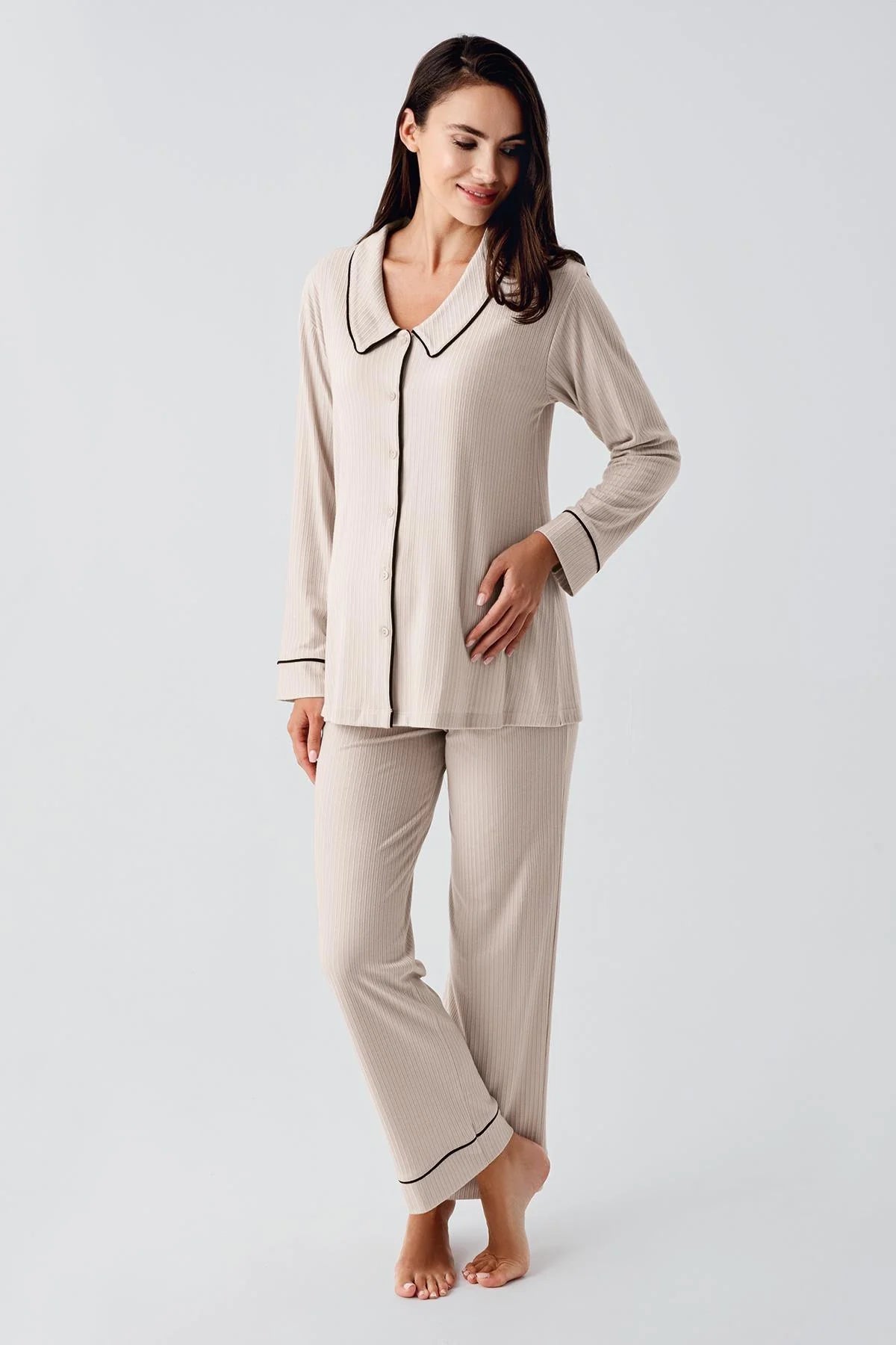 Baby Collar 3-Piece Maternity-Nursing Pajama & Robe Set Beige - 23111