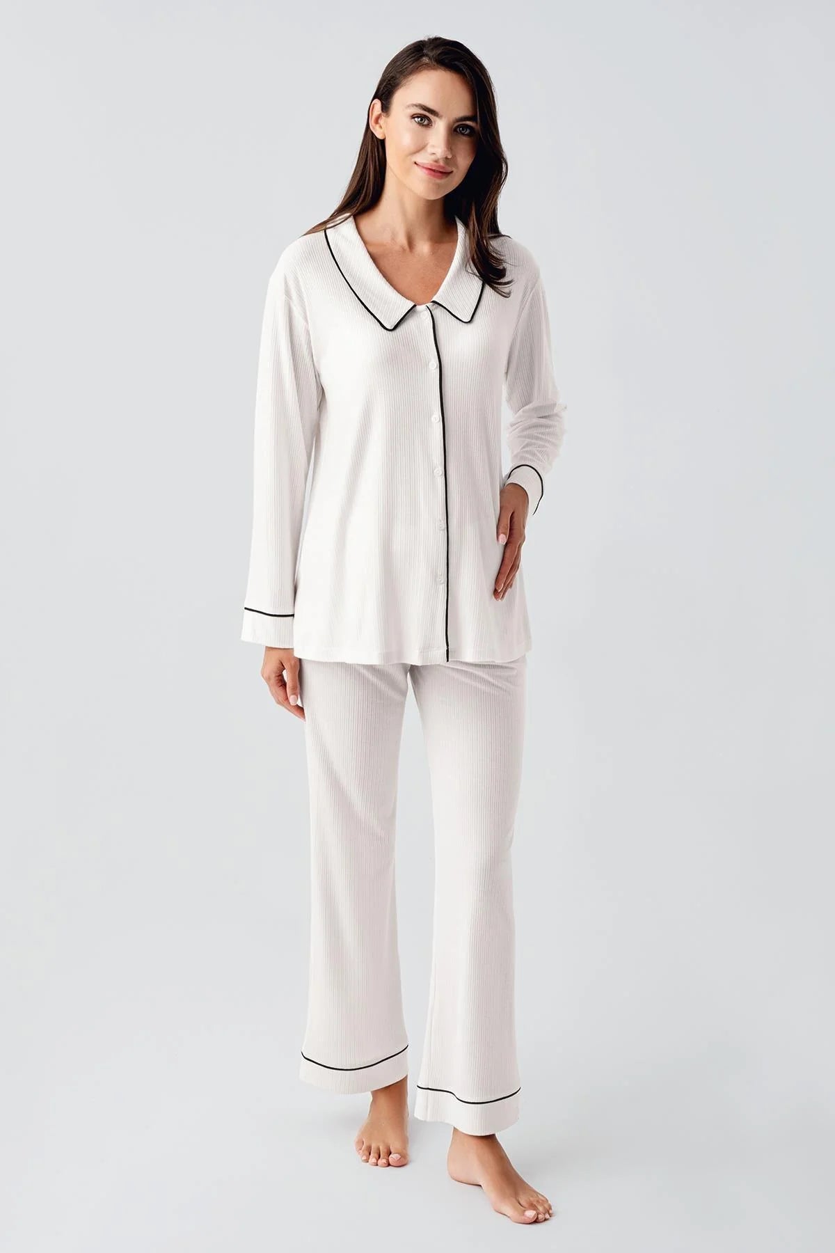 Baby Collar 3-Piece Maternity-Nursing Pajama & Robe Set Ecru - 23111