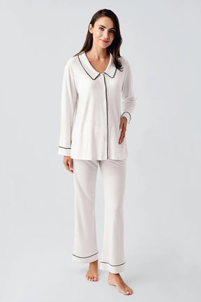Baby Collar 3-Piece Maternity-Nursing Pajama & Robe Set Ecru - 23111