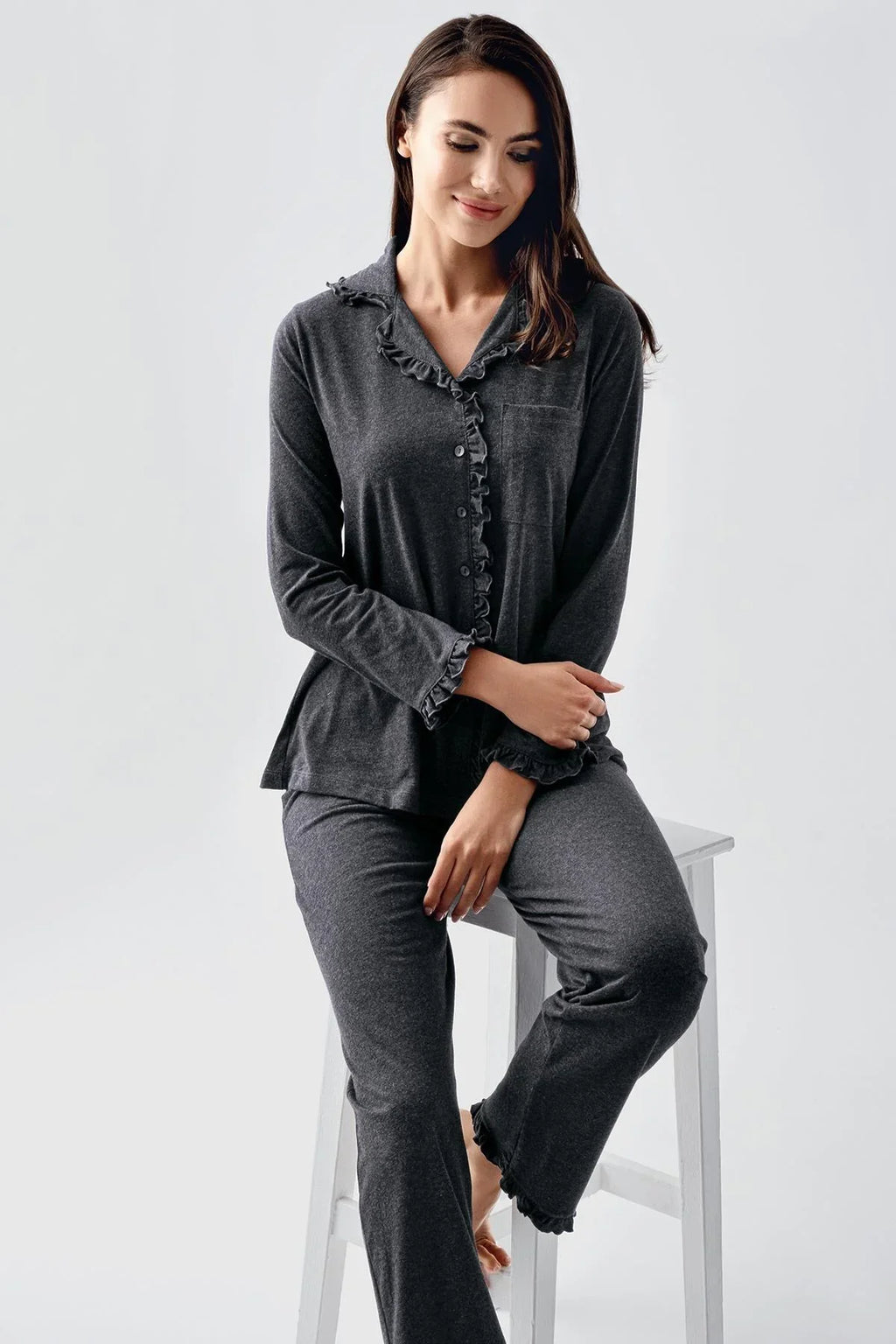 Cotton Melange Maternity Feeding-Friendly Pajama Set Anthracite - S22112